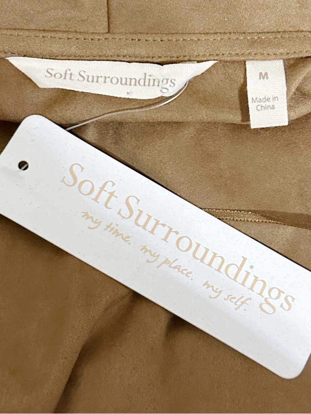 Soft Surroundings Faux Suede Drape Open Front Jacket Cardigan Camel Medium NWT - Picture 4 of 5